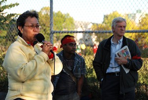 Lynette Monteiro, Tin Htoo, and David Kilgour address the CFOB rally in Ottawa. (Samira Bouaou)